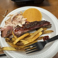 Kinfolks Soulfood, BBQ & Catering - Rib, turkey, French fries and corn bread