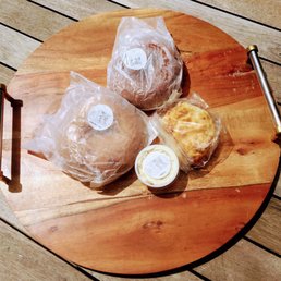 Blueberry bagel, chocolate chip bagel, biscuit and the most delicious toffee butter ever. Blueberry bagel, chocolate chip bagel, biscuit and the most delicious toffee butter ever.
