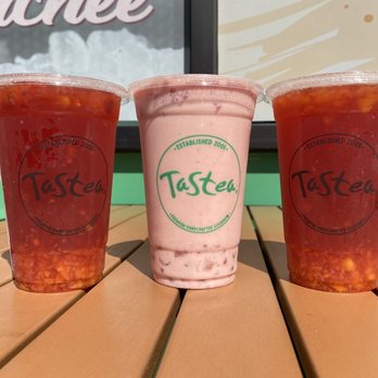 Tastea - Two Peach Me Sweet Teas and a Strawberry Milk Tea w/ agar boba - Coffee & Tea Near Me - Sacramento, California