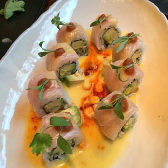 Ruka - Hamachi Amarillo - baby corn & avo roll, hamachi, tomatillo salsa, jalapeno-corn sauce - Sushi Bars Near Me - Boston, Massachusetts