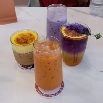 M Cozy Fusion Cafe - Crème brûlée egg coffee, Thai milk tea, ube milk tea, and Sunset Gradient - Breakfast & Brunch Near Me - Seattle, Washington