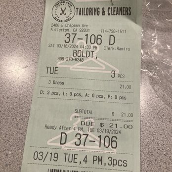 Custom Cuts Tailoring & Cleaners - Receipt - Sewing & Alterations Near Me - Fullerton, California