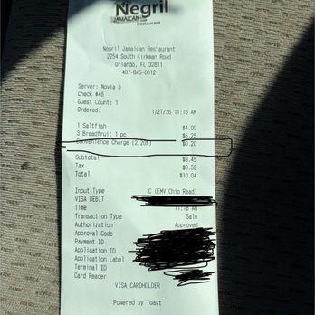 Negril - Convenience charge? I got my food and left. - Caribbean Near Me - Orlando, Florida