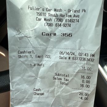 Fuller's Car Wash - Today's receipt. - Car Wash Near Me - Orland Park, Illinois Fuller's Car Wash - Today's receipt. - Car Wash Near Me - Orland Park, Illinois