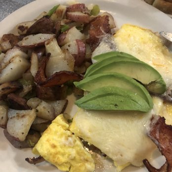 Blossom Trail Cafe - Omelet with bacon, Jack cheese and avocado with country potatoes - Breakfast & Brunch Near Me - Sanger, California Blossom Trail Cafe - Omelet with bacon, Jack cheese and avocado with country potatoes - Breakfast & Brunch Near Me - Sanger, California
