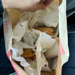 a person holding a bag full of sandwiches a person holding a bag full of sandwiches