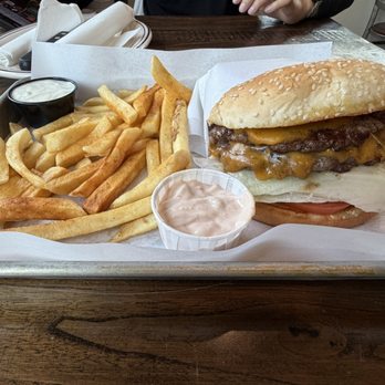 Burgers Restaurant - Mammoth burger and fries with ranch and thousand island on the side.   Great flavors on everything. - Burgers Near Me - Mammoth Lakes, California