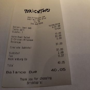 BrickTop's Restaurant - Receipt - Breakfast & Brunch Near Me - Charlotte, North Carolina