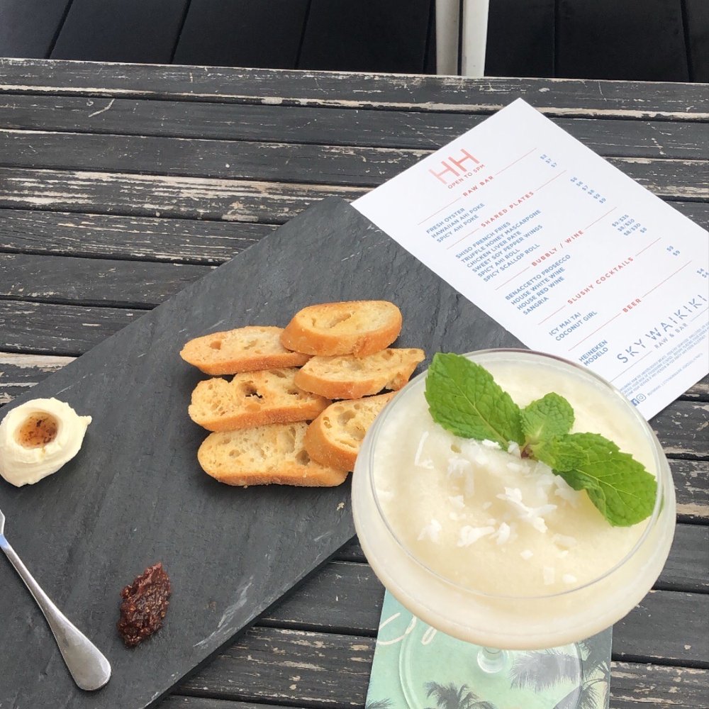 SKY Waikiki - Truffle Honey Mascarpone ($6), Coconut Girl ($9), Happy Hour Menu - Seafood Near Me - Honolulu, Hawaii SKY Waikiki - Truffle Honey Mascarpone ($6), Coconut Girl ($9), Happy Hour Menu - Seafood Near Me - Honolulu, Hawaii