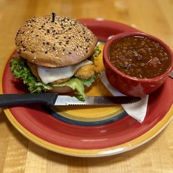 Paradise Creek Brewery - Pineapple Chicken Burger and Vegan Chili. Next time I'll ask them to bring the chili at the same time as the side salad.