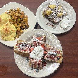 Florentine eggs Benedict, banana loaf French Toast, and stuffed berry French Toast Florentine eggs Benedict, banana loaf French Toast, and stuffed berry French Toast