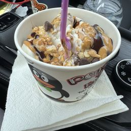 Yogurt with a sprinkle of chocolate chip chips and peanuts. And I finished it with chocolate and peanut butter syrup. $12 Yogurt with a sprinkle of chocolate chip chips and peanuts. And I finished it with chocolate and peanut butter syrup. $12