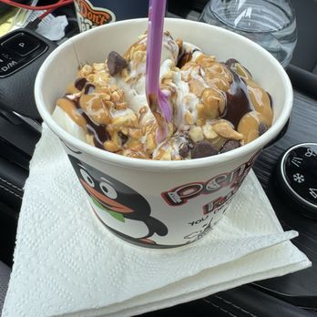 Penguin Yogurt Factory - Yogurt with a sprinkle of chocolate chip chips and peanuts. And I finished it with chocolate and peanut butter syrup. $12 - Ice Cream & Frozen Yogurt Near Me - Santee, California