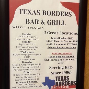 Texas Borders Bar & Grill - Specials - American Near Me - Katy, Texas