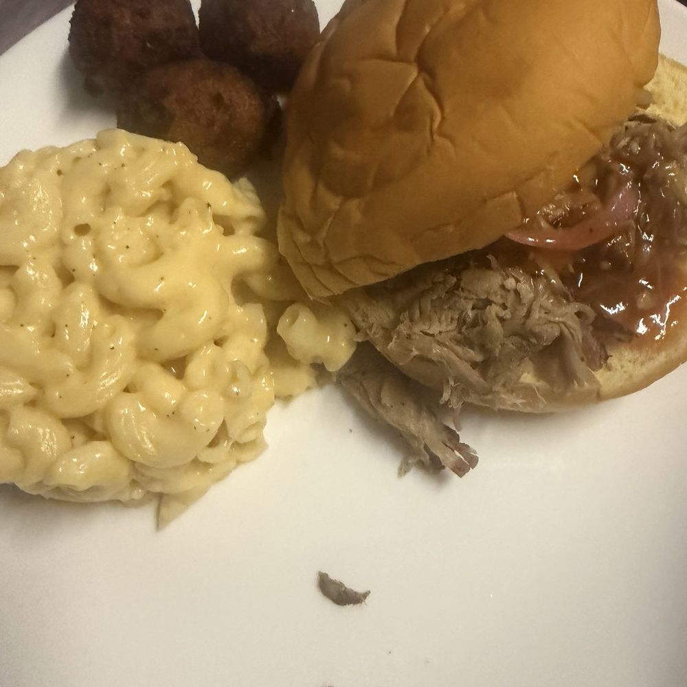 Mac & Cheese , Hush Puppies , Pulled Pork Plate