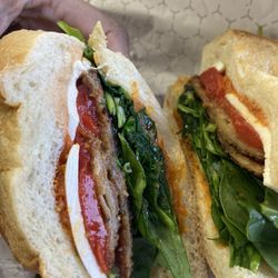 Ridge Bagel & Cafe - Beautiful Eggplant Sorrento on a roll.