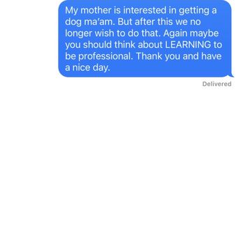 Tropico Kennels - The message she sent me after my mom called her to get information about the puppies. - Pet Breeders Near Me - Redondo Beach , California Tropico Kennels - The message she sent me after my mom called her to get information about the puppies. - Pet Breeders Near Me - Redondo Beach , California