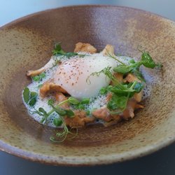 Poêlée de girolles du Lot et Garonne, petits pois et jeunes pousses, œuf de poule cassé.