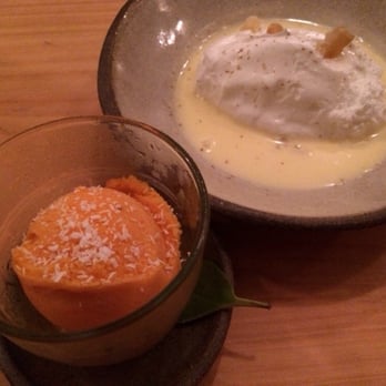 The Progress - Persimmon Sorbet w/ star anise lime caramel, gingered-coconut floating island & candied buddha's hand | $10 - New American Near Me - San Francisco, California The Progress - Persimmon Sorbet w/ star anise lime caramel, gingered-coconut floating island & candied buddha's hand | $10 - New American Near Me - San Francisco, California