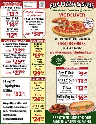 Menu photo 1 Fox Pizza & Subs Danville, VA