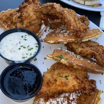 Poached Kitchen - chicken and waffles white gravy and chives sauce 10/10 and maple syrup 10/10 - Breakfast & Brunch Near Me - Irvine, California Poached Kitchen - chicken and waffles white gravy and chives sauce 10/10 and maple syrup 10/10 - Breakfast & Brunch Near Me - Irvine, California