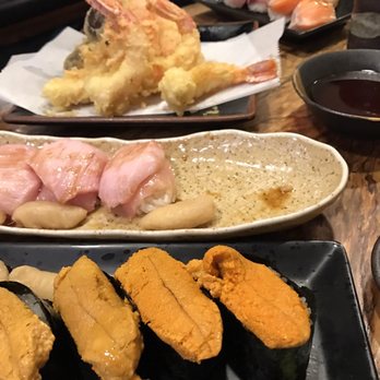 Sushi Murayama - Uni, otoro, mixed tempura, hamachi nigiri and salmon - Sushi Bars Near Me - Honolulu, Hawaii Sushi Murayama - Uni, otoro, mixed tempura, hamachi nigiri and salmon - Sushi Bars Near Me - Honolulu, Hawaii