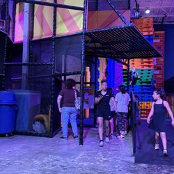 Climbing wall, ropes and the landing spot on top for the sky rider (basically a riding zip line)