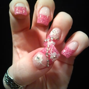 Salina's Nails - Pink glitter tip with flowers and diamonds...ready for Valentines day!! Love them!! - Nail Salons Near Me - Morgan Hill, California Salina's Nails - Pink glitter tip with flowers and diamonds...ready for Valentines day!! Love them!! - Nail Salons Near Me - Morgan Hill, California