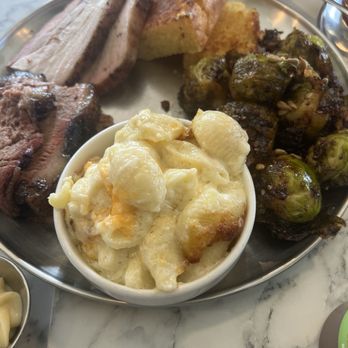 Easy ‘Que - 2 meat plate, love the brisket, pork belly ok Excellent Mac & cheese& sprouts well seasoned! Like the corn bread! - Barbeque Near Me - Kailua, Hawaii