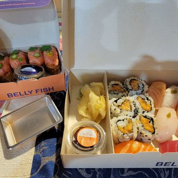 Belly Fish - Belly Box 6 piece Nigri and spicy salmons roll Along with two orders of spicy tuna crispy rice - Sushi Bars Near Me - Hallandale Beach, Florida Belly Fish - Belly Box 6 piece Nigri and spicy salmons roll Along with two orders of spicy tuna crispy rice - Sushi Bars Near Me - Hallandale Beach, Florida