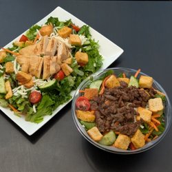 The Millstone Grind & Cafe - House salad - featured here with steak on one and grilled chicken on the other.
