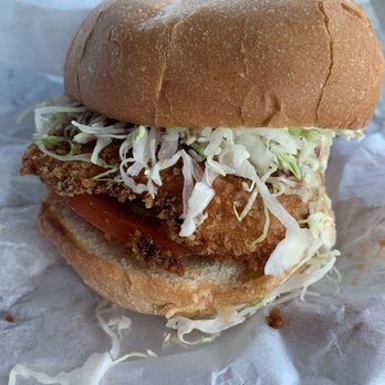 Katsu Burger - Chicken Katsu Burger complete with cabbage, tomatoes, red onions, & pickles - Burgers Near Me - Seattle, Washington