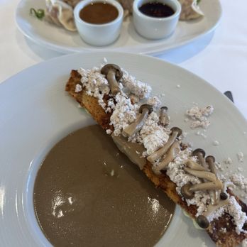 Santacafé - Porcini Mushroom Soup, Potstickers in back - Cafes Near Me - Santa Fe, New Mexico