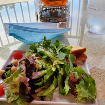 Bliss Tea & Treats - Salad with red wine vinegarette and garbanzo brand, black olives, and tomatoes. - Tea Rooms Near Me - Oceanside, California