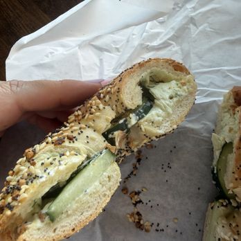 Bueller's Bagels - Everything bagel scooper out toasted with chive cream cheese and cucumber - Bagels Near Me - Los Angeles, California Bueller's Bagels - Everything bagel scooper out toasted with chive cream cheese and cucumber - Bagels Near Me - Los Angeles, California