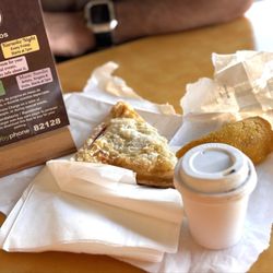 Espresso, chicken empanada (empanada pollo), guava pastry