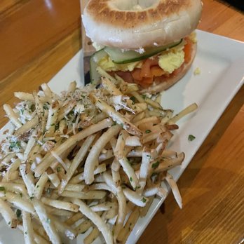 Pitch Coal-fire Pizzeria - Smoked salmon bagel + side of Truffle Fries - Pizza Near Me - Omaha, Nebraska