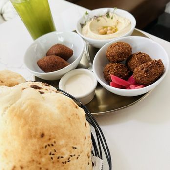 Ammatoli - Mezza plate and mint lemonade and puffy pita - Mediterranean Near Me - Long Beach, California
