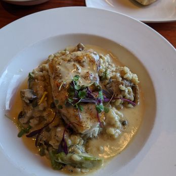 Apache Trout Grill - Halibut on risotto, with bread and a complex pesto in background. - New American Near Me - Traverse City, Michigan Apache Trout Grill - Halibut on risotto, with bread and a complex pesto in background. - New American Near Me - Traverse City, Michigan