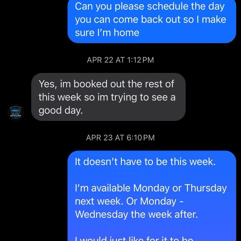 EAS Detailing - Text Messages (2/5) - Auto Detailing Near Me - Titusville, Florida EAS Detailing - Text Messages (2/5) - Auto Detailing Near Me - Titusville, Florida