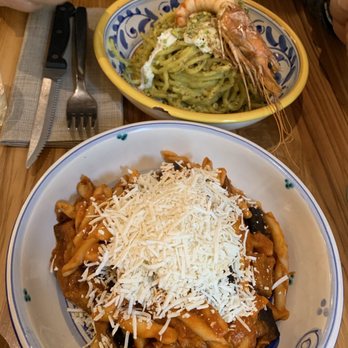 Slow Sud - Norma (aubergine in tomato sauce). Tricolore (pistachio pesto with one shrimp) - Mediterranean Near Me - Milan, Michigan