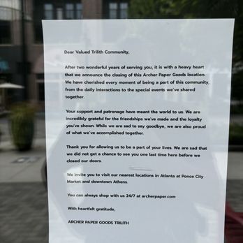 Archer Paper Goods - Letter confirming that store has closed - Cards & Stationery Near Me - Atlanta, Georgia Archer Paper Goods - Letter confirming that store has closed - Cards & Stationery Near Me - Atlanta, Georgia