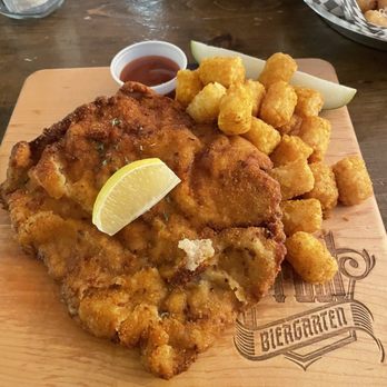 Prost Reno Biergarten - Schnitzel platter with curry tots - Beer Gardens Near Me - Reno, Nevada Prost Reno Biergarten - Schnitzel platter with curry tots - Beer Gardens Near Me - Reno, Nevada