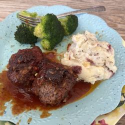 Mama’s Sweet Shoppe - Bbq meatballs, broccoli, & mashed potatoes..