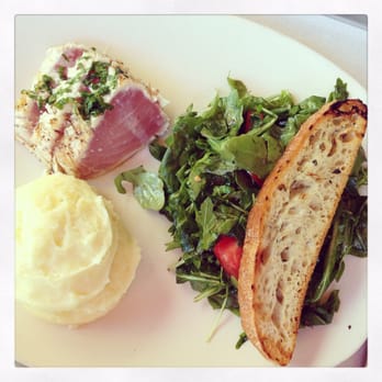 Tender Greens - Herb Brushed Albacore as a Hot Plate with Mashed Potatoes and Arugula - New American Near Me - Pasadena, California Tender Greens - Herb Brushed Albacore as a Hot Plate with Mashed Potatoes and Arugula - New American Near Me - Pasadena, California