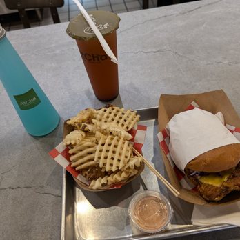 AtCha - Szechuan Hot Chicken Sammy  Waffle Fries  Iced Tea Lemonade  Mana Potion - Sandwiches Near Me - Houston, Texas
