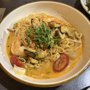 NEP Cafe - Irvine - Seafood Tom Kha Pasta with Shrimp, Calamari, Scallop. Linguine, Tom Kha Cream, and Shiitake Mushroom - Breakfast & Brunch Near Me - Irvine, California NEP Cafe - Irvine - Seafood Tom Kha Pasta with Shrimp, Calamari, Scallop. Linguine, Tom Kha Cream, and Shiitake Mushroom - Breakfast & Brunch Near Me - Irvine, California