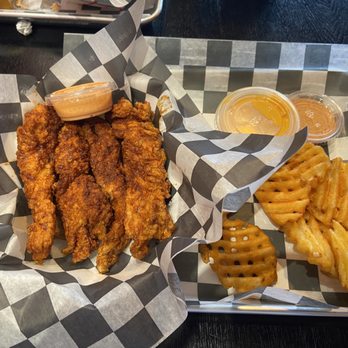 Hangry Joe's Hot Chicken - Chicken Fingers with Waffle Fries w/Tostitos Cheese - Chicken Shop Near Me - Fairfax, Virginia