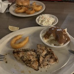 Lemon chicken with mashed potatoes , gravy & cole slaw. Burger with bacon and Gouda cheese + onion rings. Lemon chicken with mashed potatoes , gravy & cole slaw. Burger with bacon and Gouda cheese + onion rings.
