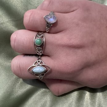 Molly Morgan - Rings top to bottom: moonstone, chrysoprase, larimar - Jewelry Near Me - Seaside, Oregon
